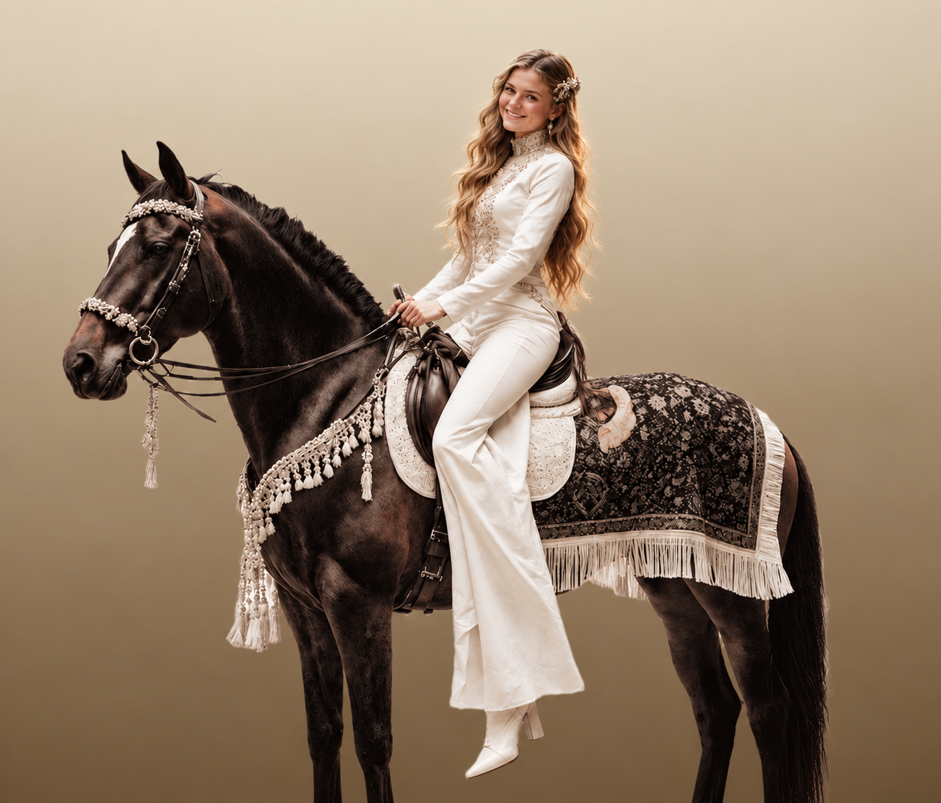 Kassidy Iverson, Ki Riding's lead trainer, seated on a dark horse in an ornate beaded bridle