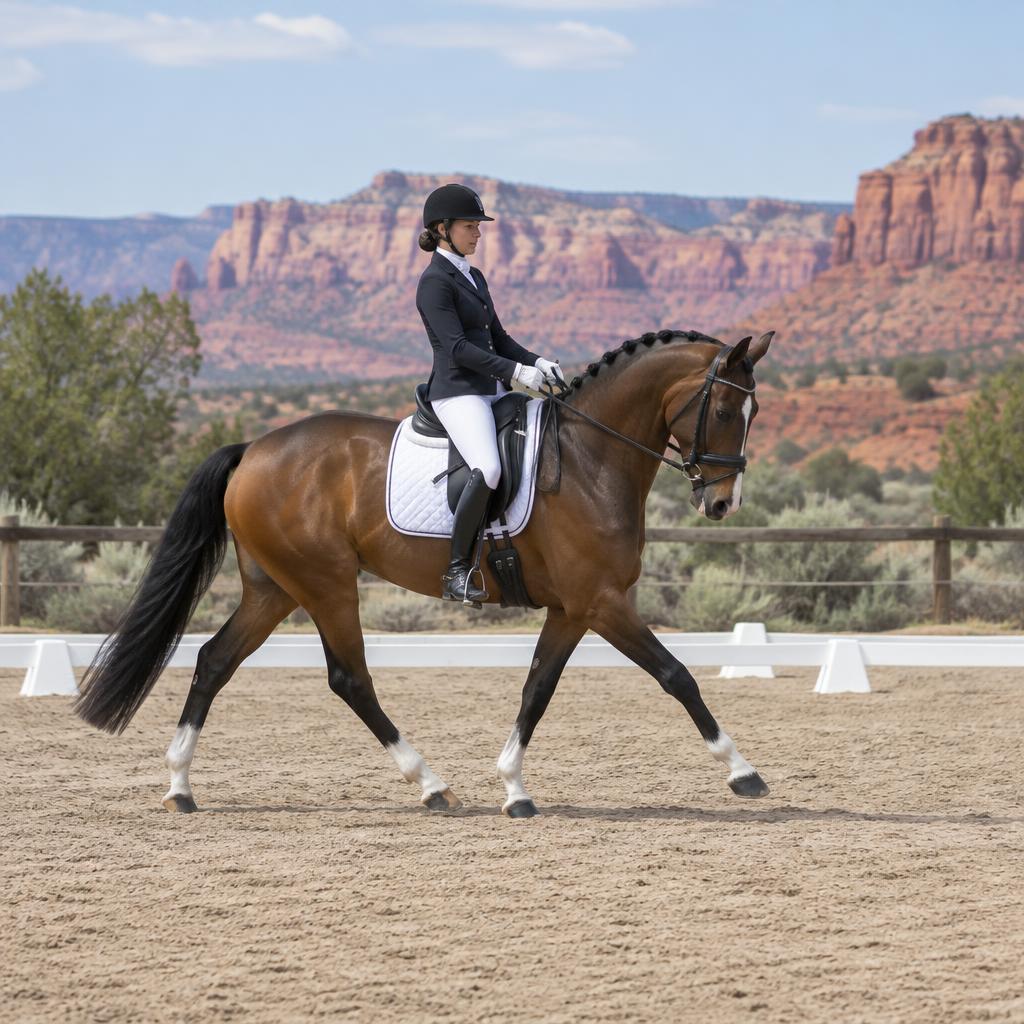 A rider practicing dressage on a bay horse in an outdoor arena