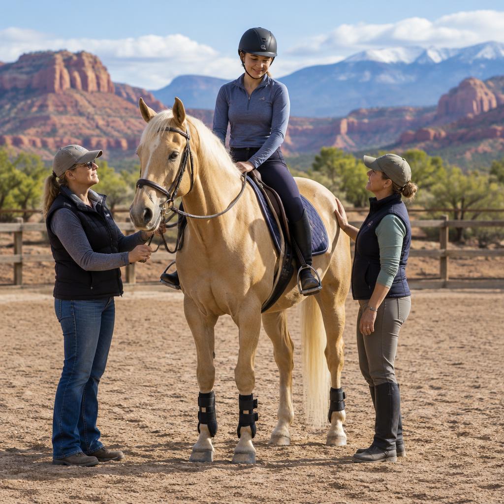 A helmeted rider on a calm horse with two support staff alongside