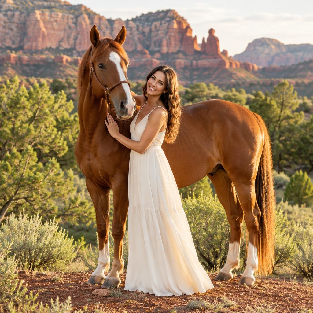 A portrait with a chestnut horse against Southern Utah red rocks